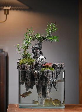 假山流水鱼缸造景黄杨绿植摆件创意办公室客厅桌面水循环开业礼品