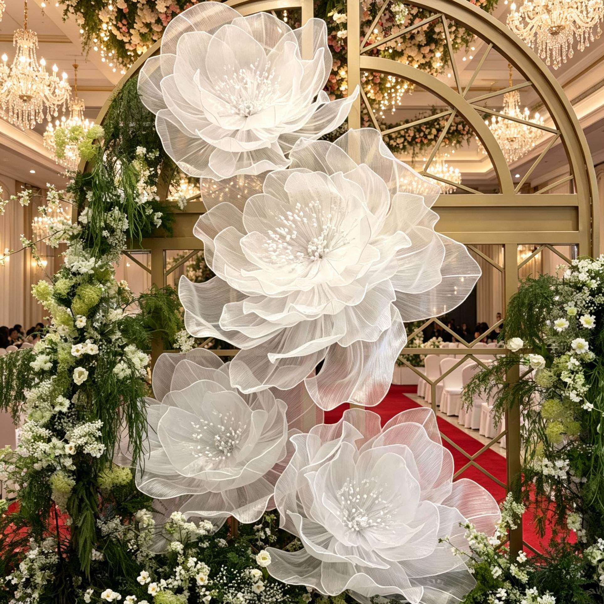 巨型白色网纱花成品婚礼舞台背景装饰花橱窗彷真花花艺白色网纱花