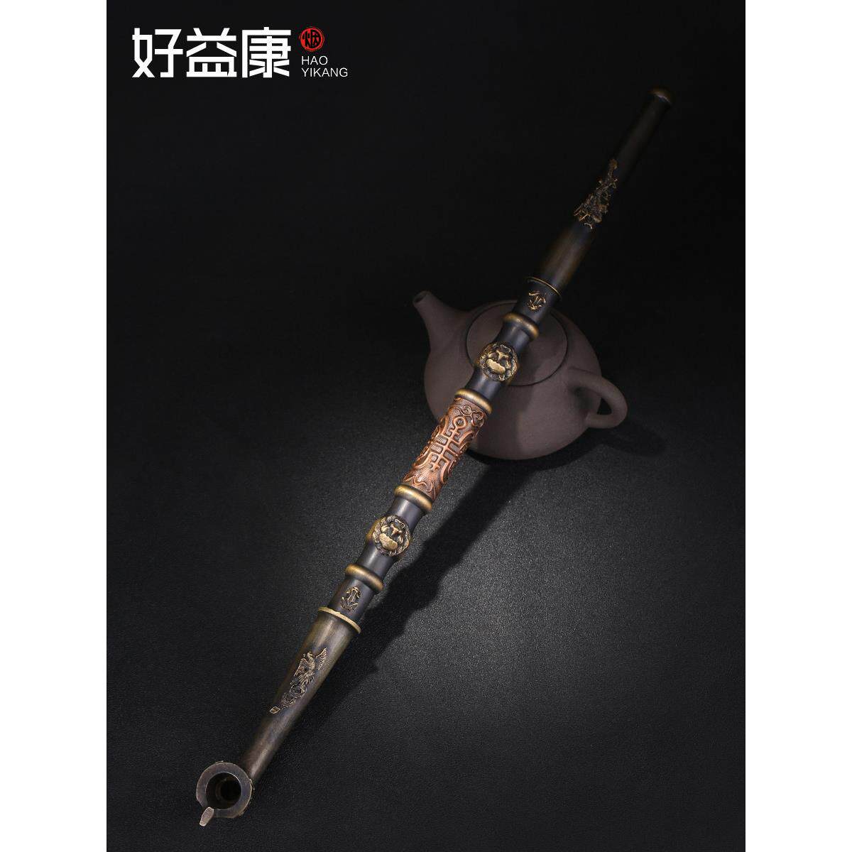加长96厘米手雕龙凤设计古董干烟草袋老式黄铜烟草棒大烟壶烟斗礼