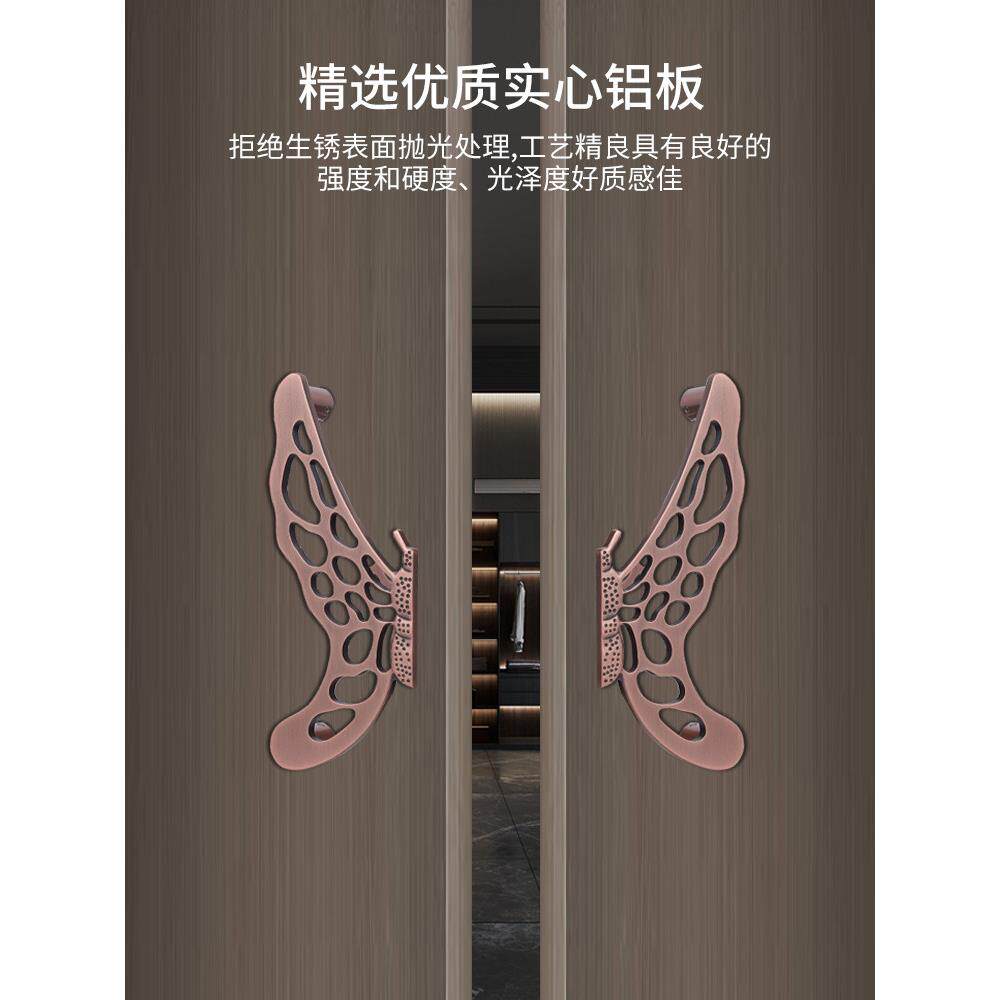 新型中式钢化玻璃门把手半圆形蝴蝶门把手推拉红青铜雕花木门扶手