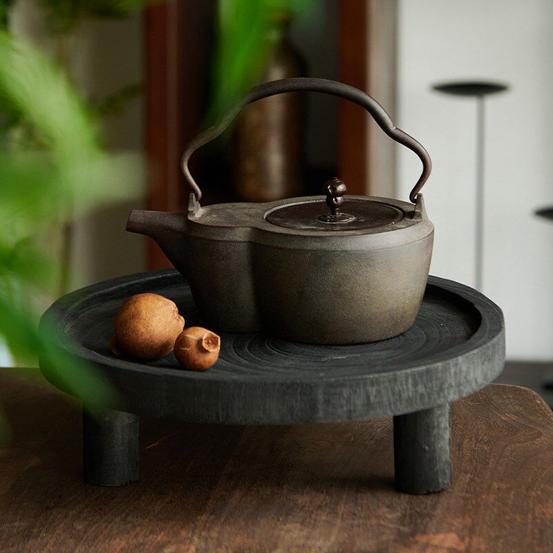 侘寂风复古黑色泡桐木三足果盘阳台客厅茶几木质托盘装饰品摆件