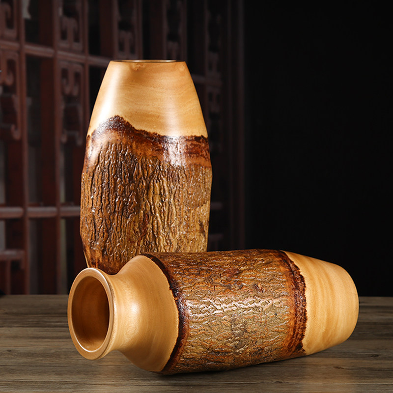 花瓶摆件复古实木制树皮家居客厅玄关泰式东南亚插花桌面装饰品
