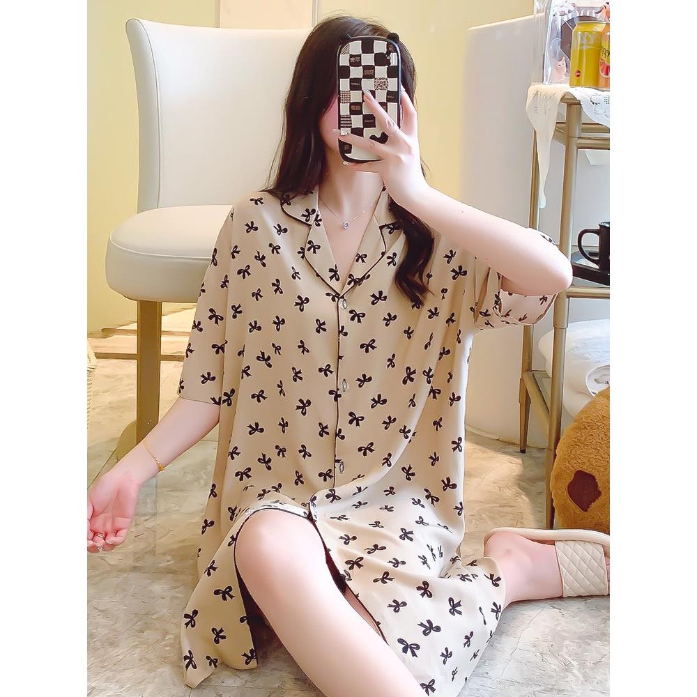 棉丝睡衣夏季薄开襟羊毛衫家庭服装宽松大尺寸衬衫连衣裙棉丝睡衣