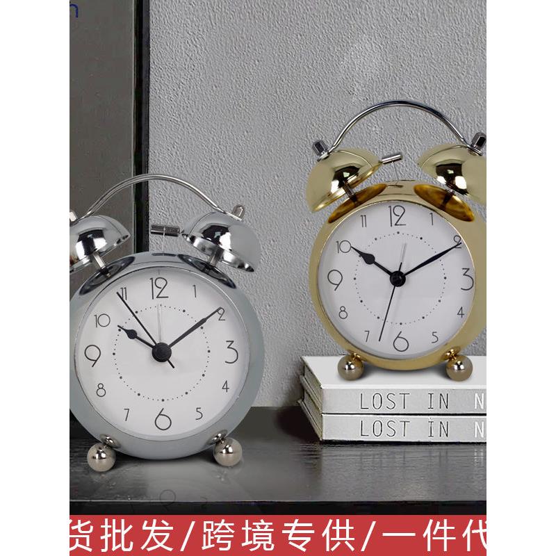 欧式复古创意闹钟儿童静音指针电子台钟金属简约学生夜光石英座钟