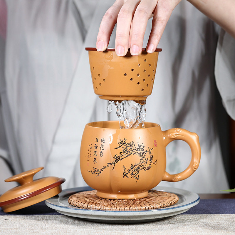 段泥紫砂杯子泡茶杯茶水分离带盖带过滤内胆茶漏陶瓷办公室女士款