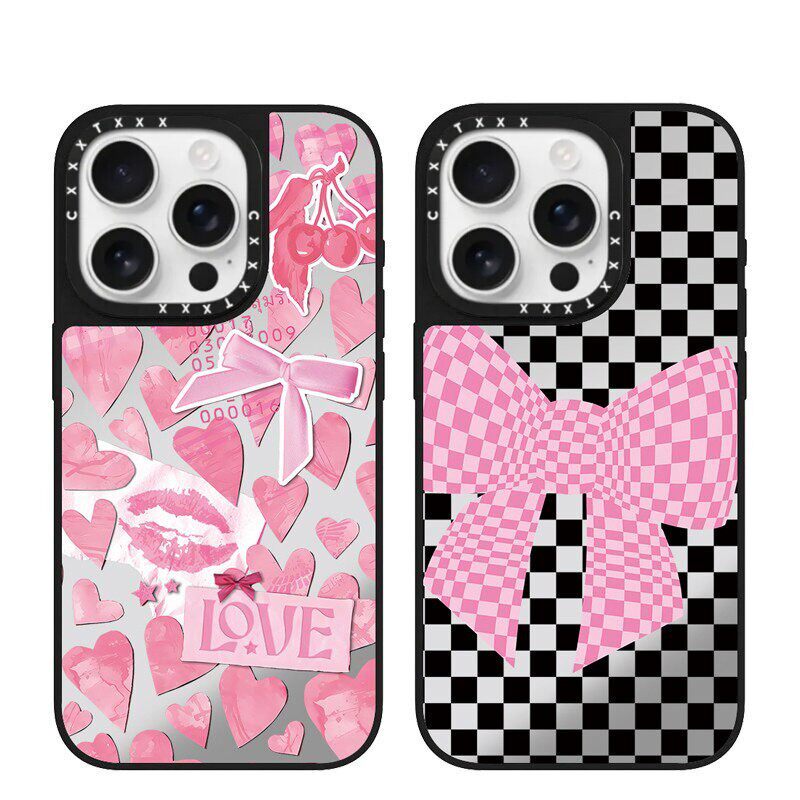 casyetifiy联名粉红格子爱心手机壳iPhone18promax适用17plus蝴蝶结艺术16pro防摔15plus镜面磁吸14/13保护套