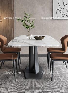 意式岩板餐桌椅组合现代简约亮光灰色大理石长方形北欧马肚大小桌