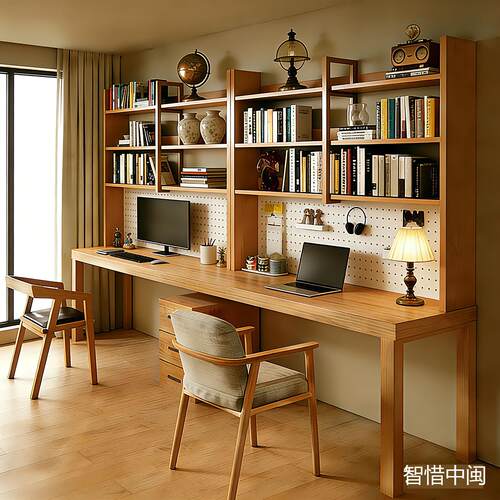 实木双人书桌书架书柜一体靠墙家用长条桌工作台书房学习电脑桌子
