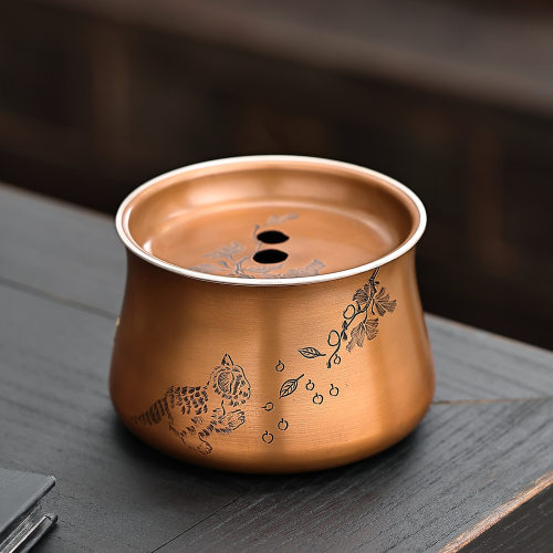 紫铜壶承茶承手工錾刻小猫图案茶具复古工艺品泡茶建水壶托水盂