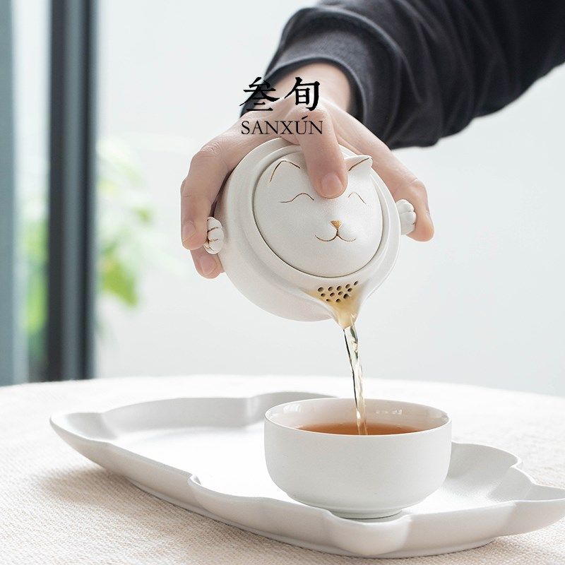 叁旬 招财猫快客杯陶瓷一壶一杯单人旅行便携式功夫茶具套装可爱