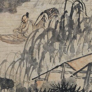 石涛柳溪钓艇图高清微喷清代名家山水画临摹画稿底稿立轴挂画画心