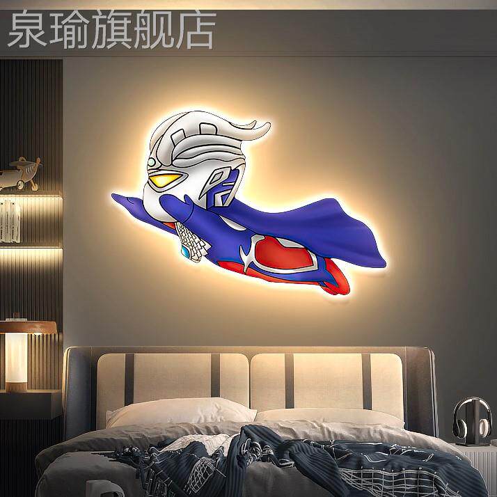网红奥特儿卧室装饰房画男孩童间床头曼氛围壁灯画感卡通人物发光