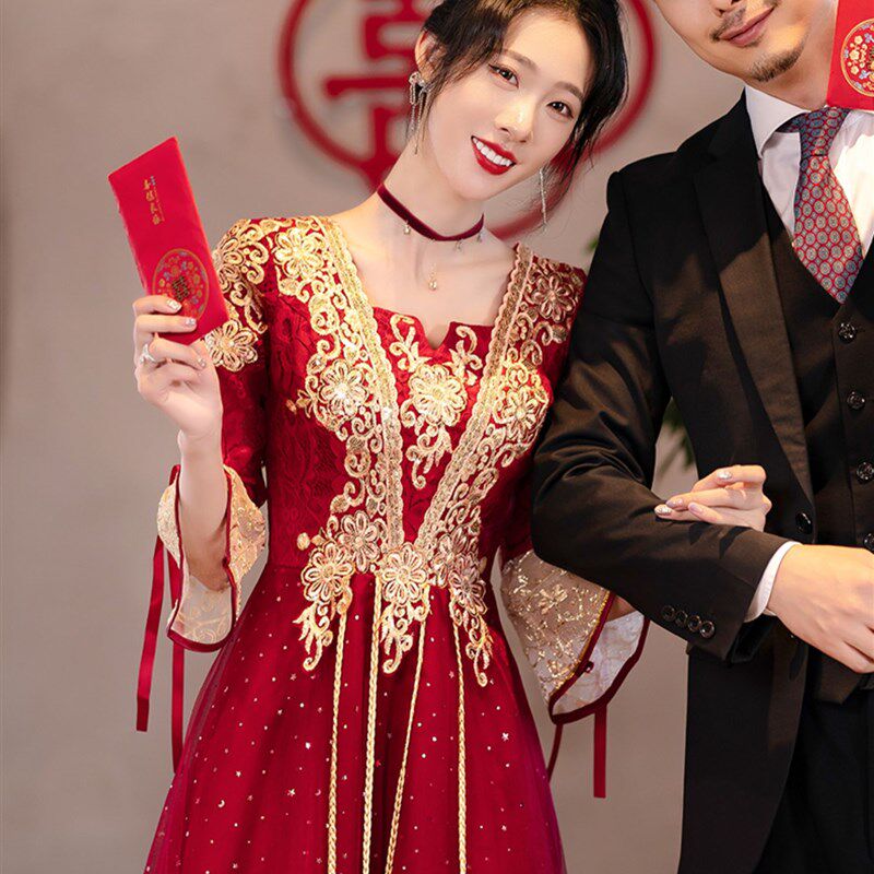 大码敬酒服新娘2024新款春季高级感中式长袖胖mm200斤结婚礼服女