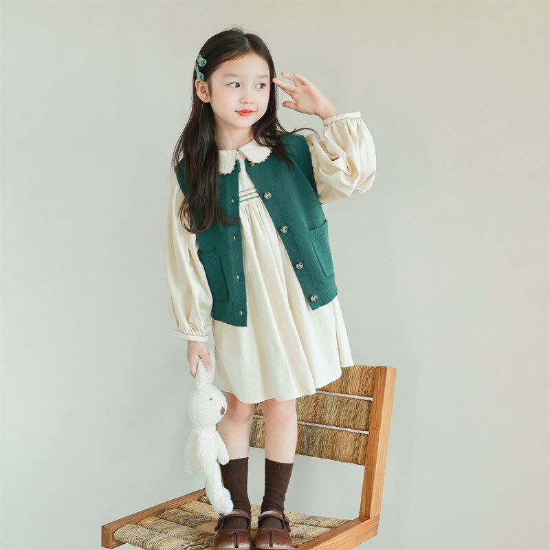 utouto大耳象女童撞色织带翻领连衣裙2024秋季新款女孩可爱洋气裙