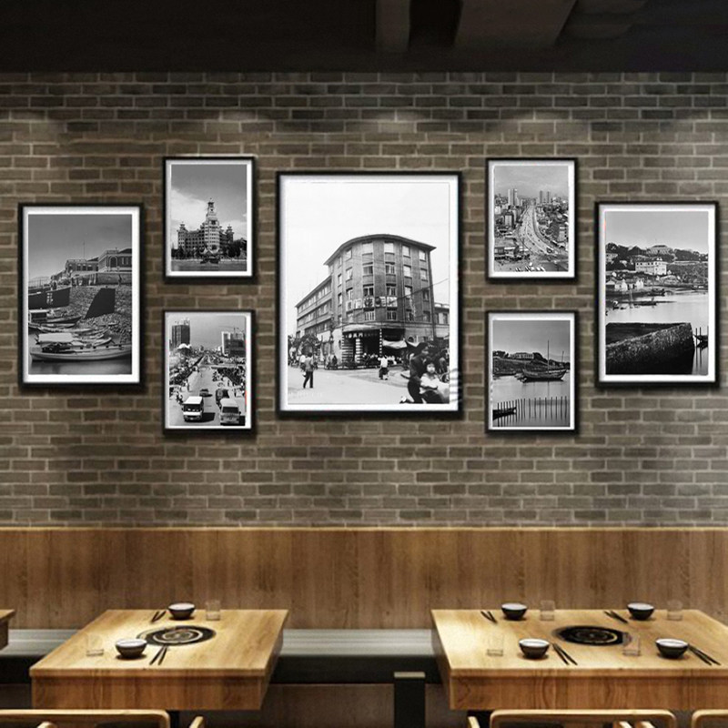 老厦门餐厅小吃店挂画复古怀旧墙壁画饭店墙面装饰黑白照片装饰画