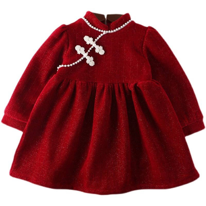女童连衣裙冬公主裙儿童裙子加绒新年装宝宝周岁礼服红色冬裙旗袍