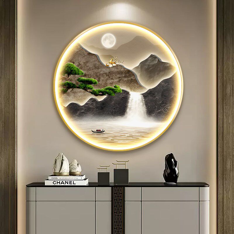 流水生财圆形玄关装饰画山水入户正对门挂画轻奢高级感客厅壁灯画