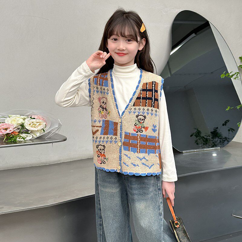 女童针织马甲背心儿童开衫毛衣2024新款秋季无袖外套春秋外搭上衣