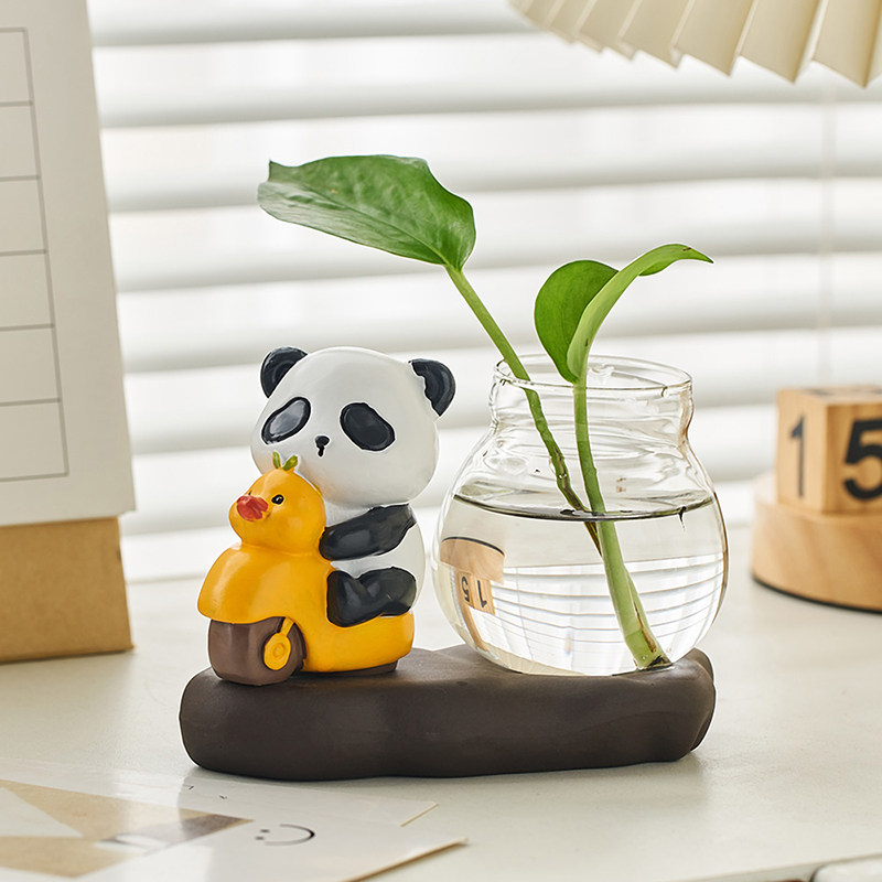 创意熊猫水培小摆件办公室好物女生电脑工位办公桌面装饰治愈解压
