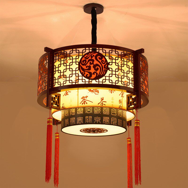 复古中式吊灯木艺茶字楼室包厢过道仿古典火锅餐饮店大厅圆形灯具