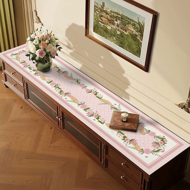 电视柜桌垫粉色少女风甜美桌布长条形防水防油免洗餐边柜皮革垫