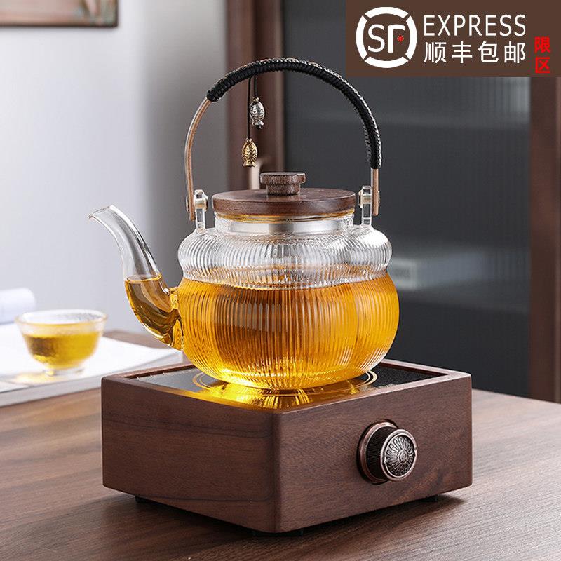 胡桃木全自动黑晶炉玻璃煮茶器烧水茶壶家用小型轻奢茶具泡茶炉套