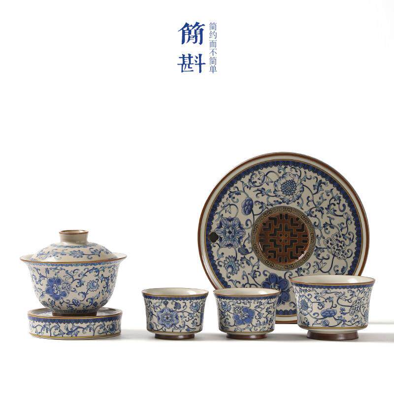 汝窑缠枝莲青花三才盖碗茶杯青花瓷功夫茶陶瓷茶具泡茶单个茶碗