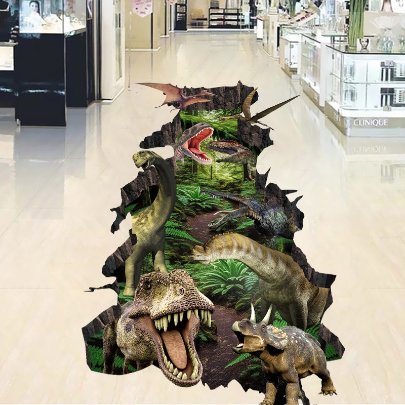 3D立体仿真侏罗纪公园恐龙墙贴地画装饰地贴商场走廊过道地板贴
