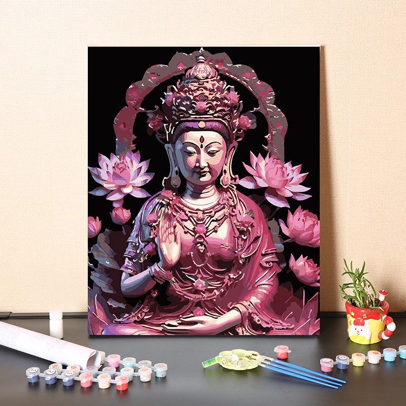 数字油画diy填充手工填色中式莲花观音平安客厅装饰涂色油彩彩画