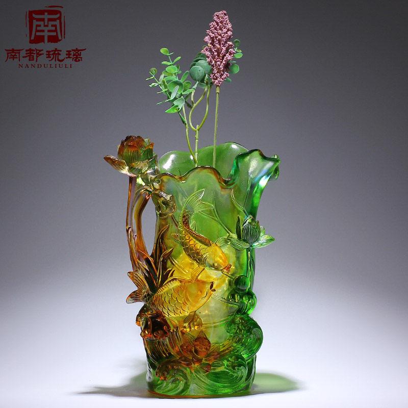非遗淄博琉璃鱼戏荷间花瓶新中式家居客厅玻璃插花轻奢高端装饰品