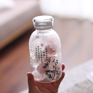 双盖双饮书法定风波玻璃水杯吸管杯国风耐热牛奶豆浆杯饮料咖啡杯