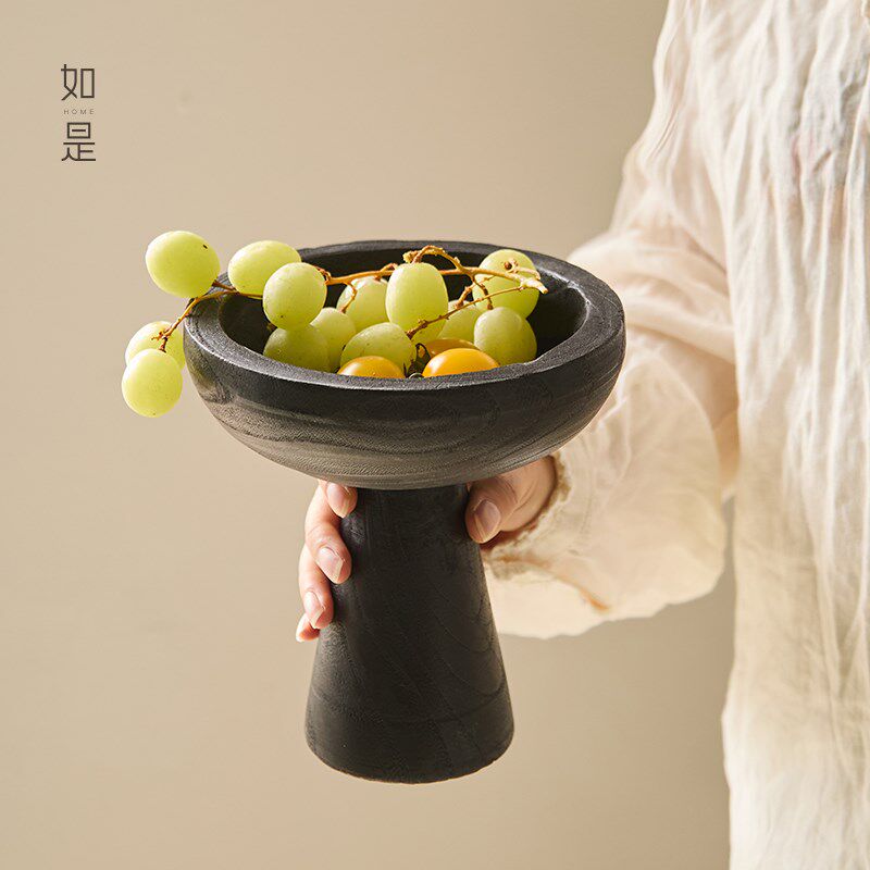 如是/侘寂风黑色高脚小果盘复古做旧干果盘实木托盘木质果盘摆件