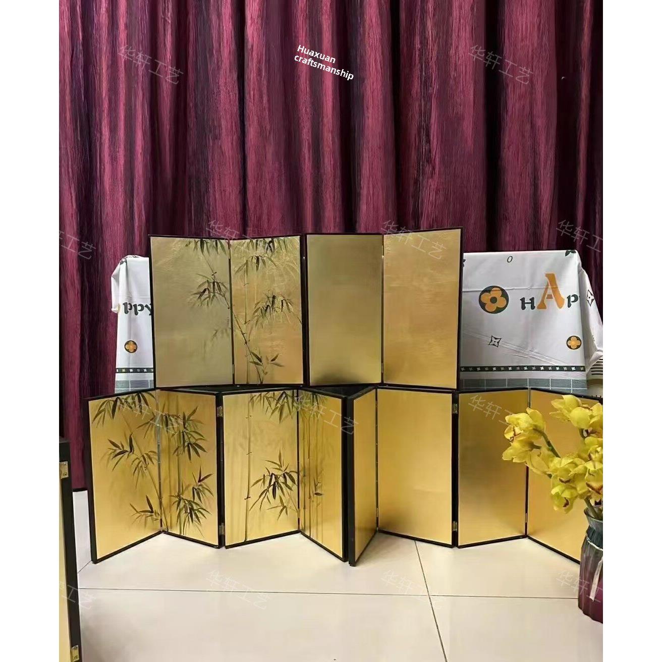 定制手绘桌面摆件金箔小屏风竹子折叠新中式移动隔断彷古艺术摄影