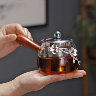 玻璃侧把茶壶带不锈钢内胆盖子可煮玻璃壶木把梅花泡茶壶耐高温