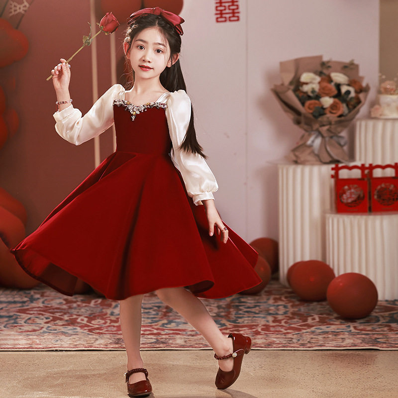 女童红色伴娘礼服指挥公主裙高端儿童主持人钢琴演奏演出服亲子装