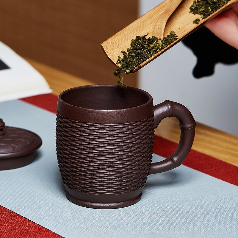 尊壶宜兴紫砂杯竹编办公盖杯大容量带把泡茶杯子茶缸陶瓷茶具水杯
