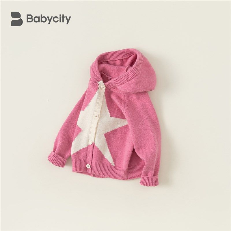 贝贝城女童外套毛衣秋冬复古时髦上衣儿童连帽针织衫宝宝休闲衣服