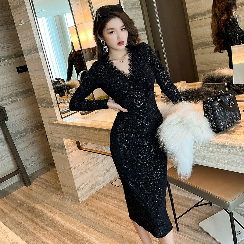 聚会晚礼服平时可穿轻奢高级感礼服小黑裙女长袖年会蕾丝连衣裙秋