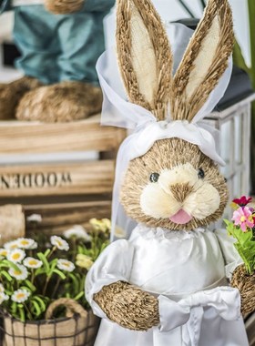 JK慕空间  天然草编婚纱男女兔子婚庆摆场装饰动物摆件 新婚礼品