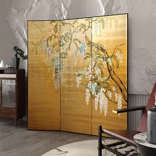 可定制订做手绘花鸟画金箔屏风银箔工艺漆画茶室空间卧室隔断背景