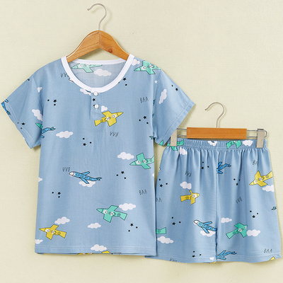 夏季儿童棉绸短袖短裤家居服睡衣男童小孩宝宝薄款绵绸空调服