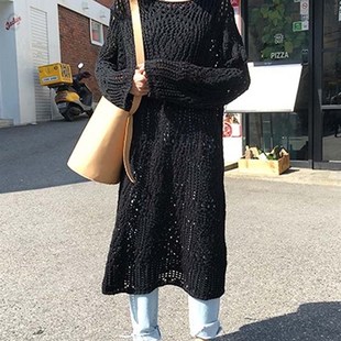 小个子很仙的法国小众打底针织连衣裙春秋款长裙女中长款宽松镂空
