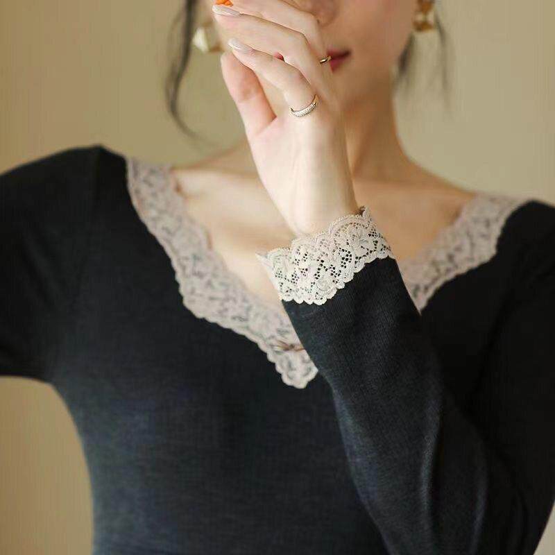 蕾丝粉花边v领秋衣秋裤轻奢保暖内衣套装秋冬季打底衫女美体内衣