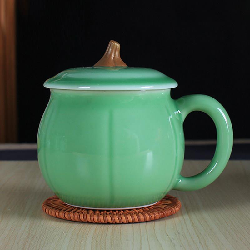 龙泉青瓷情侣茶杯陶瓷大号400ml南瓜杯办公杯个性带盖水杯会议杯