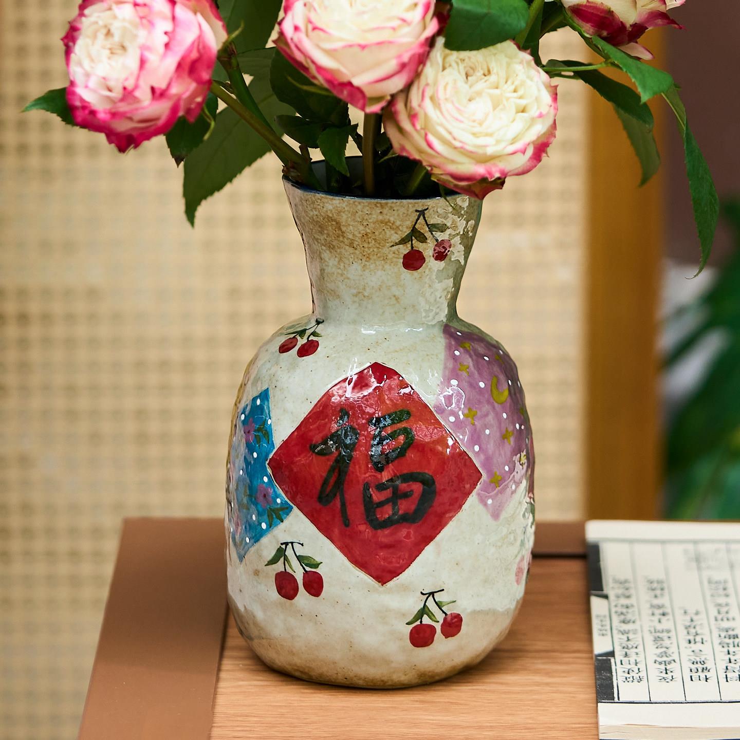 尤马马同款花瓶景德镇手绘喜乐福玄关花器小摆件覆古茶室陶瓷花插