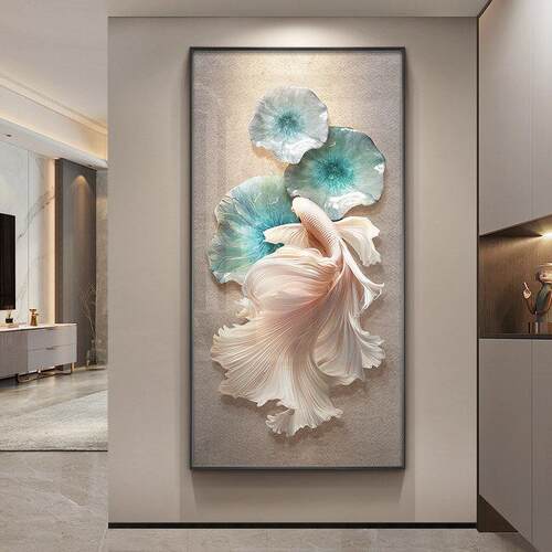 锦鲤玄关装饰画轻奢高级感走廊尽头挂画寓意好入户进门过道壁画灯