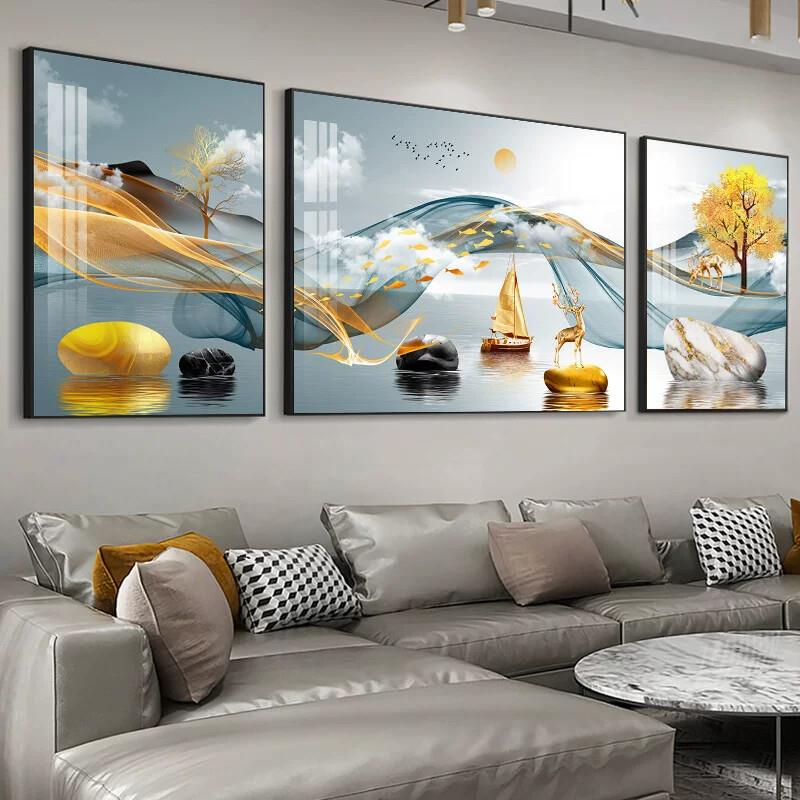 轻奢风客厅装饰画现代简约沙发背景墙挂画北欧麋鹿三联晶瓷画墙画