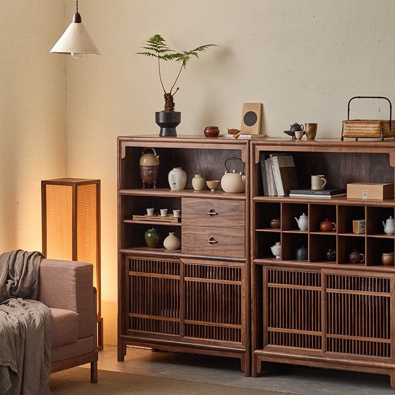 璞木新中式黑胡桃木矮柜茶柜实木边柜小书柜博古架阳台茶室储物柜,住宅家具,餐边柜,淘宝优惠券,粉丝福利购,淘宝优惠卷