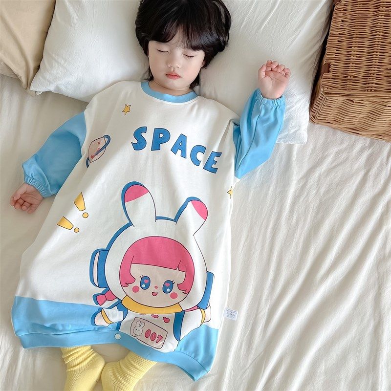 儿童睡裙男童纯棉长袖宽松按扣防踢被可爱卡通长款睡袍女童连体衣