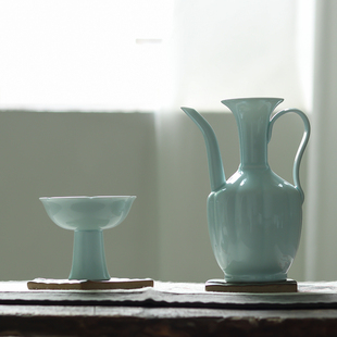 中式手工复古仿宋影青葵口高脚酒杯茶杯高足主人杯宋代陶瓷茶酒杯